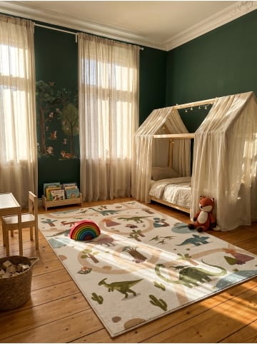 KADIMA DESIGN Kinderteppich Dinosaurier Waschbar Rutschfest Spielteppich in Creme