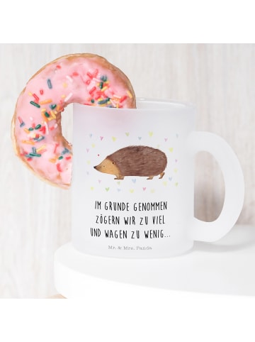 Mr. & Mrs. Panda Teetasse Glas Igel Herzen mit Spruch in Transparent