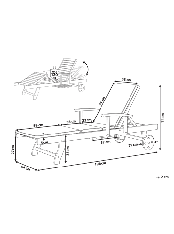 Beliani Gartenliege JAVA PREMIUM in Braun/Grün - (W) 64 x (H) 35 x (L) 196 cm