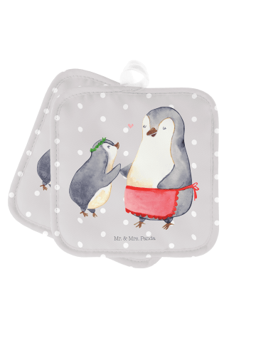 Mr. & Mrs. Panda 2er Set Topflappen  Pinguin mit Kind ohne Spruch in Grau Pastell