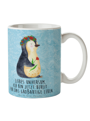 Mr. & Mrs. Panda Tasse Pinguin Blumen mit Spruch in Eisblau