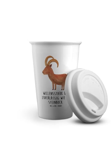 Mr. & Mrs. Panda Kaffeebecher Sternzeichen Steinbock mit Spruch in Weiß