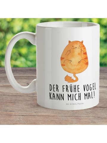 Mr. & Mrs. Panda Mehrwegbecher Katze Frühaufsteher mit Spruch in Weiß