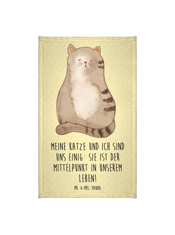 Mr. & Mrs. Panda Gästehandtuch Katze Sitzen mit Spruch in Gelb Pastell