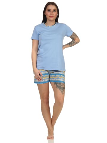 NORMANN kurzarm Schlafanzug Shorty Pyjama kurzer Hose Ethnolook in hellblau