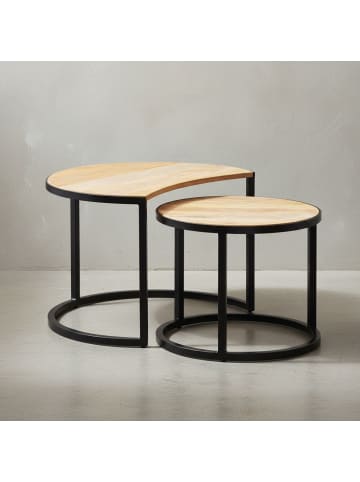 KADIMA DESIGN Couchtisch 2er Set Mango Massivholz / Metall Wohnzimmertisch Rund in Hellbraun