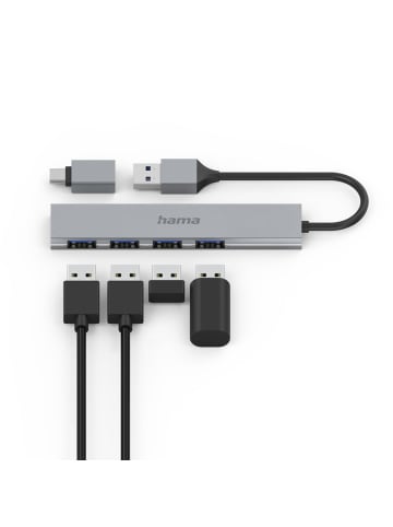 Hama USB-Hub 4 Ports, Ultra Slim, inkl. USB-C-Adapter