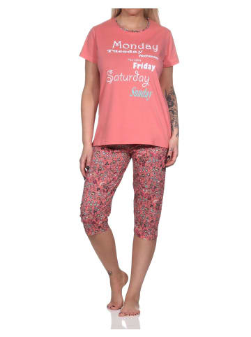 NORMANN Damen Capri Pyjama mit Allover-Muster und Frontprint - 86336 in apricot