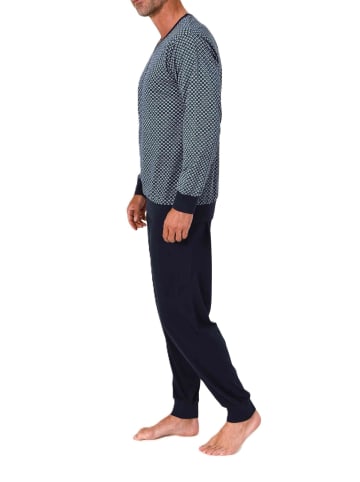 NORMANN Langarm Schlafanzug Pyjama Bündchen V-Hals in blau