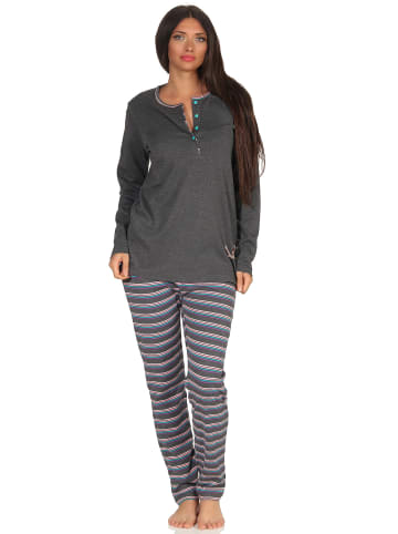 NORMANN Pyjama Kuschelinterlock Hose gestreift Faultier - 48933 in anthrazit-melange