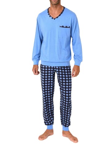 NORMANN Langarm Schlafanzug Bündchen und karierter Jersey Pyjamahose in hellblau
