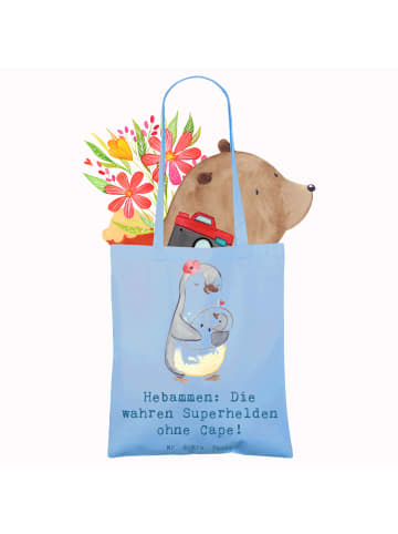 Mr. & Mrs. Panda Tragetasche Hebamme Superheld mit Spruch in Sky Blue