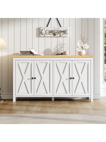ABRIHOME Sideboard in Weiß 140x40x78 cm mit 4 Türen Schwarzen Griffen für Wohnzimmer