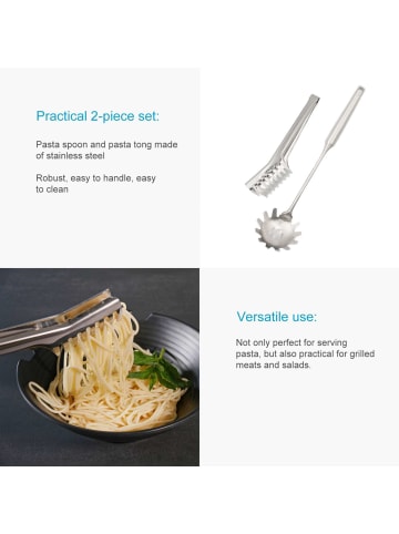 Intirilife 2er Set Spaghettilöffel und Spaghettizange in Silber