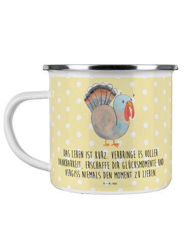 Mr. & Mrs. Panda Becher Emaille Thanksgiving Truthahn mit Spruch in Gelb Pastell