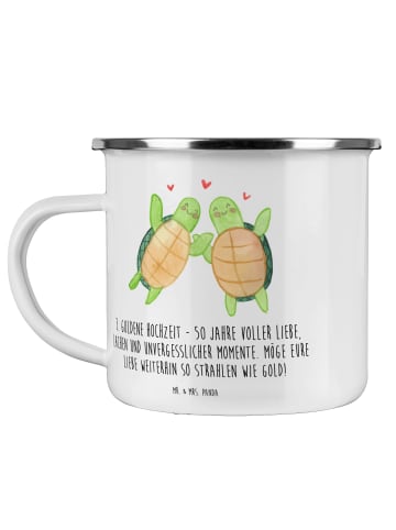 Mr. & Mrs. Panda Camping Emaille Tasse 50. Hochzeitstag mit Spruch in Weiß
