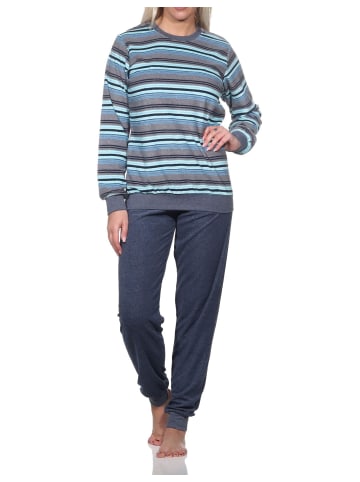 NORMANN Frottee Schlafanzug Bündchen Streifen - 81781 in blau