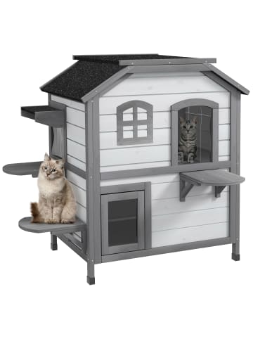 Pawhut Katzenhaus Hellgrau+Weiß Tannenholz