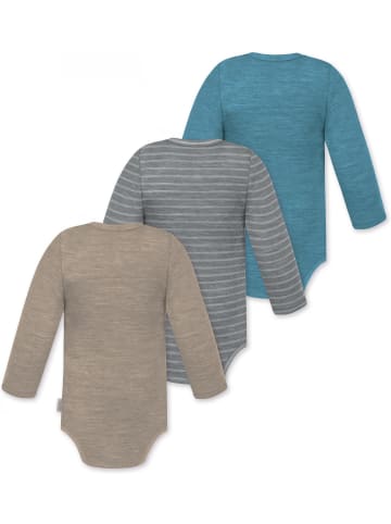 Normani Outdoor Sports 3er Pack Baby Merino Langarmbody Tuai in Blau/Grau/Beige