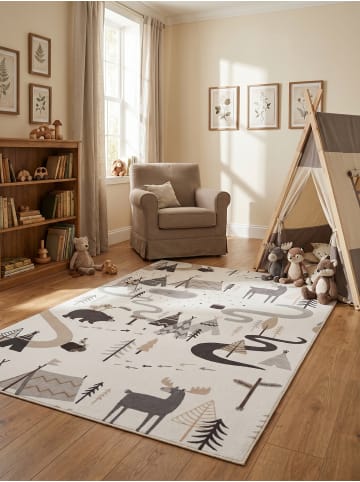KADIMA DESIGN Kinderteppich Dinosaurier Waschbar Rutschfest Spielteppich in Creme