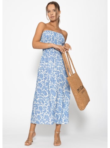 SASSYCLASSY Gesmoktes Bandeau-Kleid mit Print in Jeansblau