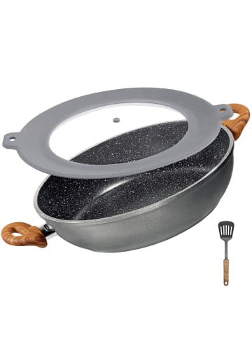 Stoneline Made in Germany Servierpfanne mit Deckel 28 cm, hoher Rand in Holzoptik
