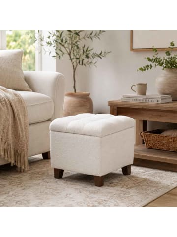 AltoBelli Hocker BIANCO mit Stauraum Bouclé Creme Weiß 38x35 cm