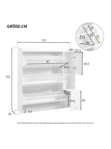 ABRIHOME Kipp-Schuhschrank in Weiß mit 3 Klappschubladen und Sitzbank 119x24x122 cm