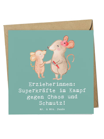 Mr. & Mrs. Panda Geschenkkarte Superheldin Erzieherin mit Spruch in Meeresbrise