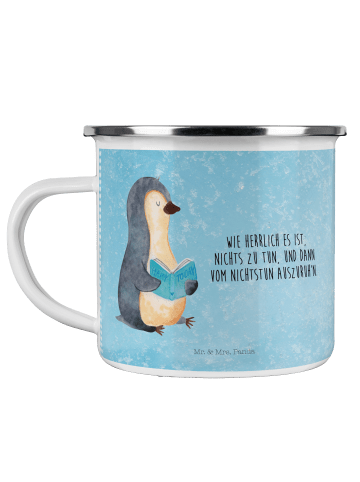 Mr. & Mrs. Panda Camping Emaille Tasse Pinguin Buch mit Spruch in Eisblau