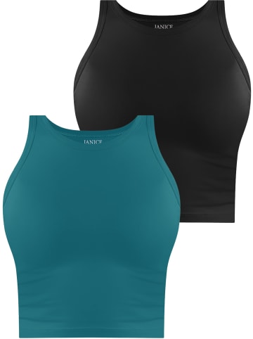 Janice 2 x Damen crop Top hochgeschlossen Niah in Petrol/Schwarz