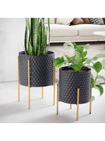 KADIMA DESIGN Schwarz-Goldene Metall-Blumentöpfe, 2er Set, Runde Pflanzkübel