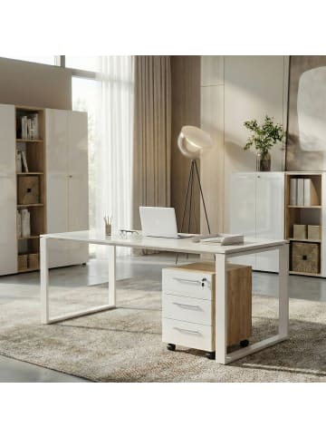 KADIMA DESIGN Schreibtisch-Set Modern 160x80 Glasplatte in Chalet-Eiche-Nb.-Weiß