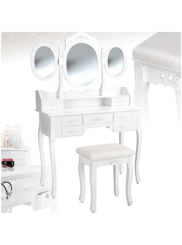 tectake Frisiertisch mit 7 Schubladen, Spiegel und Hocker im Antik Look