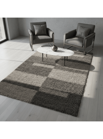 KADIMA DESIGN Teppich Hochflor Shaggy Waschbar Karo WERFEN Strapazierfähig in Taupe
