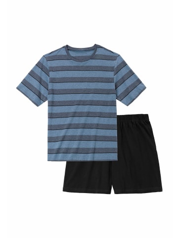 H.I.S Pyjama in blau-meliert-gestreift, schwarz
