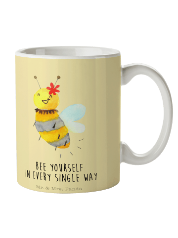 Mr. & Mrs. Panda Becher Biene Blume mit Spruch in Gelb Pastell