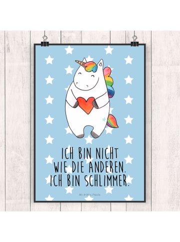 Mr. & Mrs. Panda Poster Einhorn Herz mit Spruch in Blau Pastell