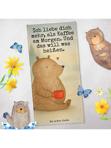 Mr. & Mrs. Panda Badehandtuch Bär Morgenkaffee Design mit Spruch in Grau Pastell