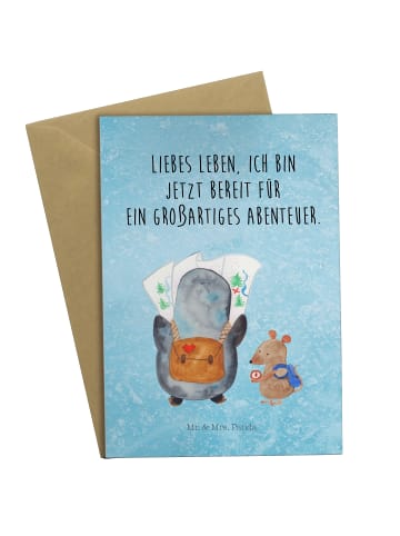 Mr. & Mrs. Panda Grußkarte Pinguin & Maus Wanderer mit Spruch in Eisblau