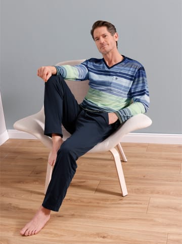 hajo Schlafanzug in marine-pistazie-geringelt