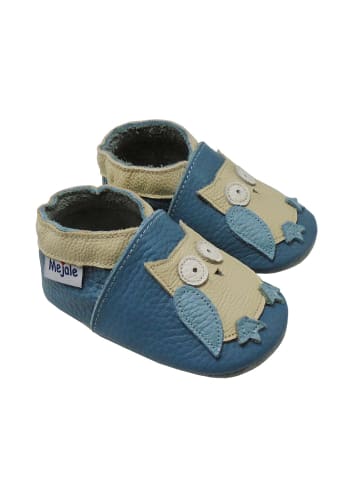 Mejale Blaue Baby Leder Krabbelschuhe, mit rutschfester Sohle – Eulen-Muster