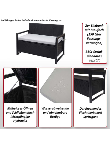 MCW Gartenbank F39 mit Staufach, Grau, Kissen schwarz