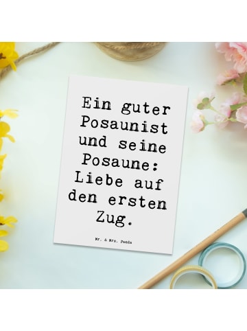 Mr. & Mrs. Panda Postkarte Spruch Posaune Liebe mit Spruch in Weiß