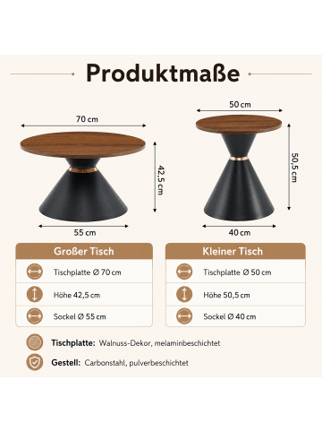ABRIHOME Couchtisch Set in Walnuss Schwarz 2-tlg rund mit Konus Metall