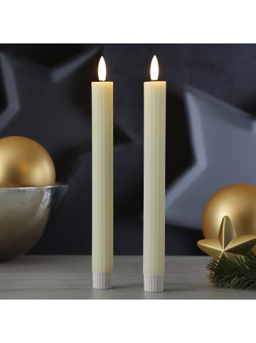 MARELIDA 2er Set LED Stabkerzen gerillt Tafelkerzen H: 25cm in creme