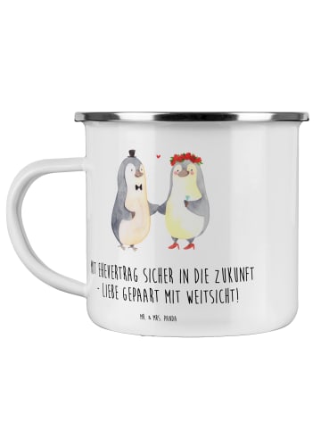 Mr. & Mrs. Panda Camping Emaille Tasse Ehevertrag Zukunft mit Sp... in Weiß