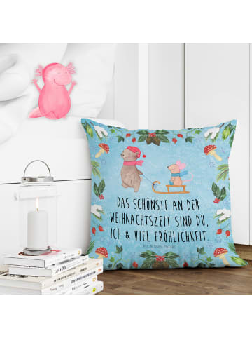 Mr. & Mrs. Panda Kissen 40x40 Bär und Maus Schlitten mit Spruch in Eisblau