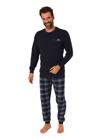 NORMANN langarm Schlafanzug Pyjama Bündchen und karierter Jersey Hose - 83162 in navy