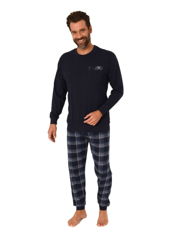 NORMANN langarm Schlafanzug Pyjama Bündchen und karierter Jersey Hose in navy